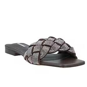 Lola Cruz Dark Brown Jeweled Braided Strap Square Toe Sandal 38